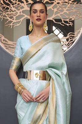 Sky Blue Faux Kanjivaram Silk Zari Weaving Border And Rich Pallu Saree With Blouse For Women 2