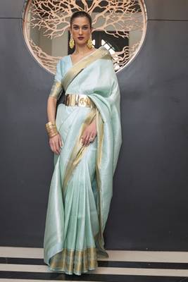 Sky Blue Faux Kanjivaram Silk Zari Weaving Border And Rich Pallu Saree With Blouse For Women 4