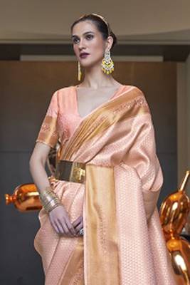 Peach Faux Kanjivaram Silk Zari Weaving Border And Rich Pallu Saree With Blouse For Women 2