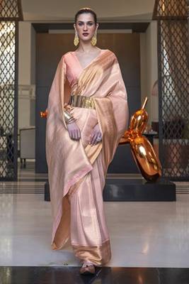 Peach Faux Kanjivaram Silk Zari Weaving Border And Rich Pallu Saree With Blouse For Women 3