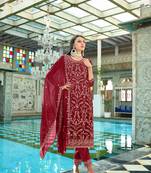 Women's Maroon Faux Georgette Heavy Embroidery And Moti Work Kurta Set