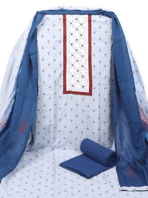 A light denim blue screen-printed unstitched suit set with a block-printed dupatta. 1
