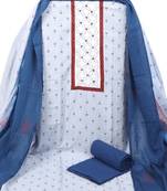 A light denim blue screen-printed unstitched suit set with a block-printed dupatta.