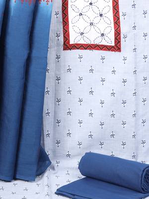 A light denim blue screen-printed unstitched suit set with a block-printed dupatta. 2