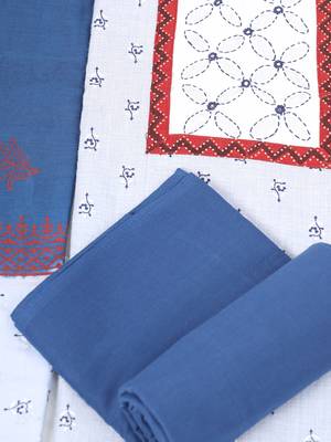 A light denim blue screen-printed unstitched suit set with a block-printed dupatta. 5
