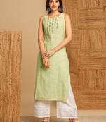 Straight cotton kurta with mirror and embroidery details on yoke.