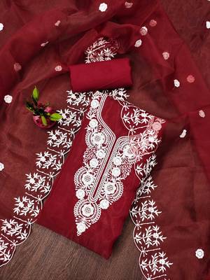 Maroon Organza Embroidered Unstitched Dress Material 1