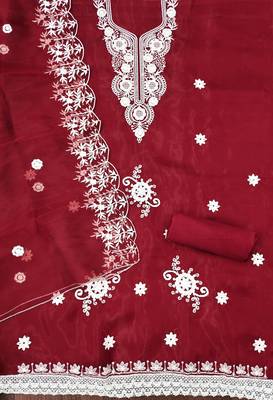 Maroon Organza Embroidered Unstitched Dress Material 2