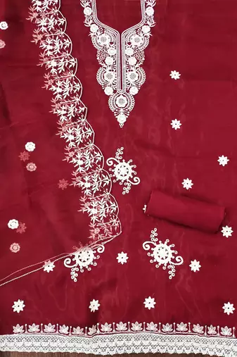 Maroon Organza Embroidered Unstitched Dress Material