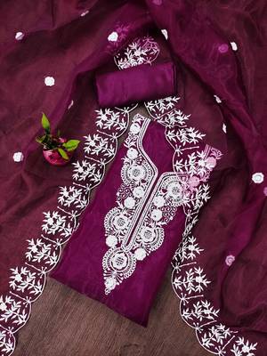 Purple Organza Embroidered Unstitched Dress Material 1