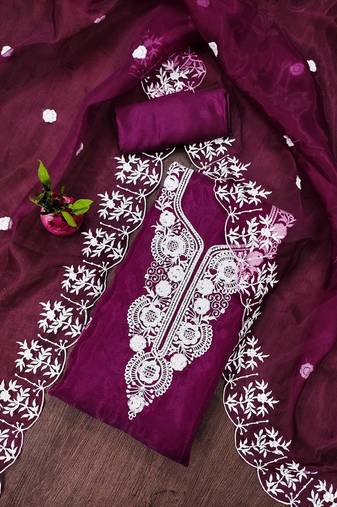 Purple Organza Embroidered Unstitched Dress Material
