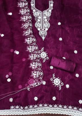 Purple Organza Embroidered Unstitched Dress Material 2