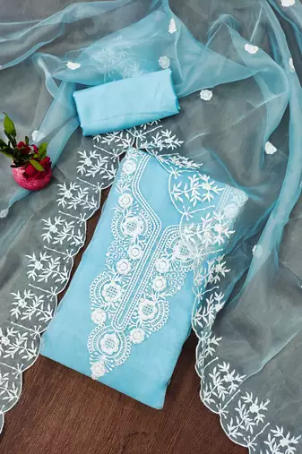 Sky Blue Organza Embroidered Unstitched Dress Material