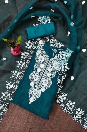 Teal Organza Embroidered Unstitched Dress Material
