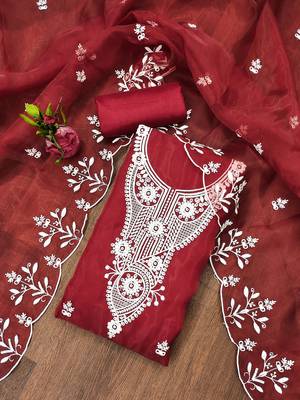 Maroon Organza Embroidered Unstitched Dress Material 1