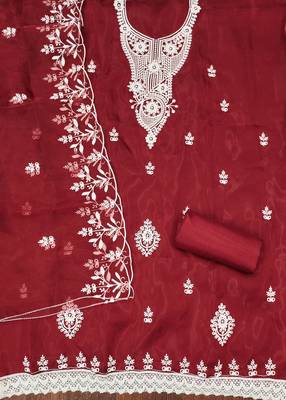 Maroon Organza Embroidered Unstitched Dress Material 2