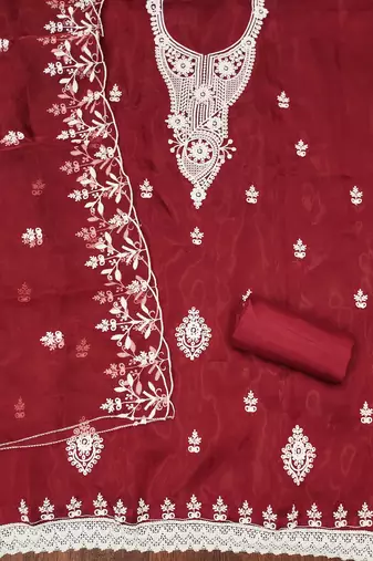 Maroon Organza Embroidered Unstitched Dress Material