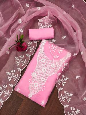 Pink Organza Embroidered Unstitched Dress Material 1