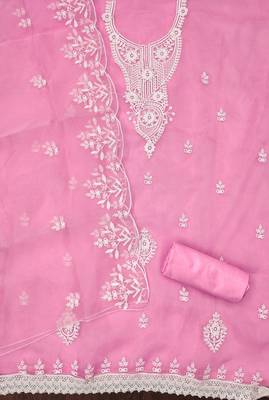 Pink Organza Embroidered Unstitched Dress Material 2