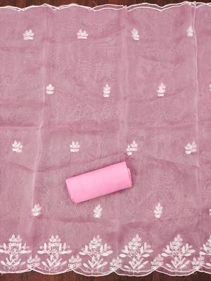 Pink Organza Embroidered Unstitched Dress Material 3