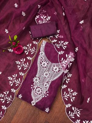 Purple Organza Embroidered Unstitched Dress Material 1