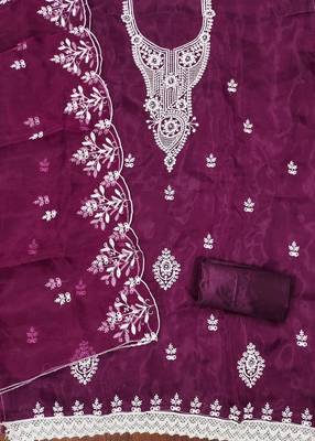 Purple Organza Embroidered Unstitched Dress Material 2