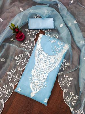 Sky Blue Organza Embroidered Unstitched Dress Material 1