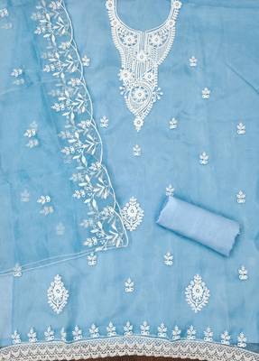 Sky Blue Organza Embroidered Unstitched Dress Material 2