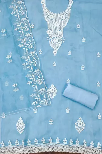 Sky Blue Organza Embroidered Unstitched Dress Material