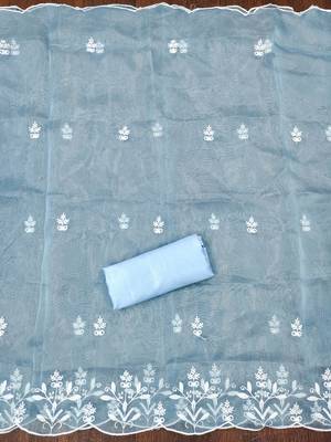 Sky Blue Organza Embroidered Unstitched Dress Material 3