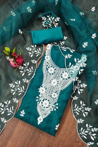 Teal Organza Embroidered Unstitched Dress Material