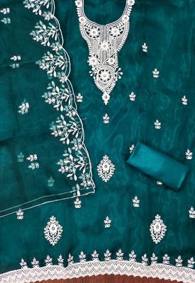 Teal Organza Embroidered Unstitched Dress Material 2