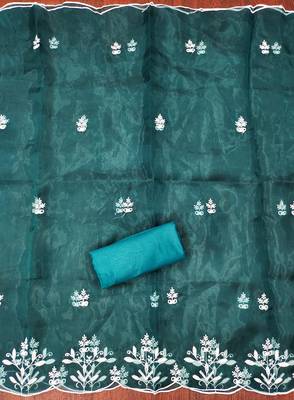 Teal Organza Embroidered Unstitched Dress Material 3