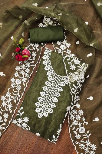 Mehndi Organza Embroidered Unstitched Dress Material