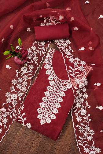 Maroon Organza Embroidered Unstitched Dress Material