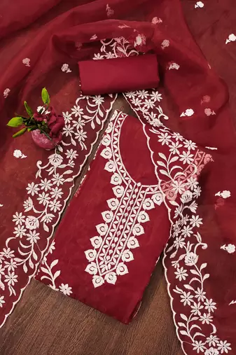 Maroon Organza Embroidered Unstitched Dress Material