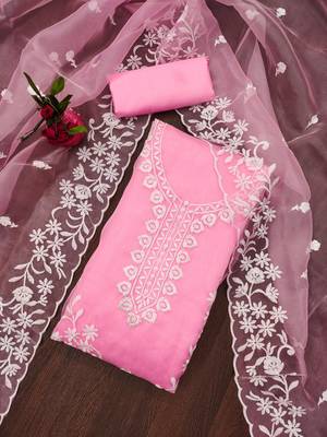 Pink Organza Embroidered Unstitched Dress Material 1