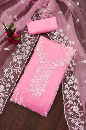 Pink Organza Embroidered Unstitched Dress Material