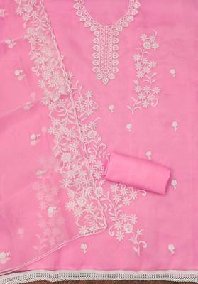 Pink Organza Embroidered Unstitched Dress Material 2