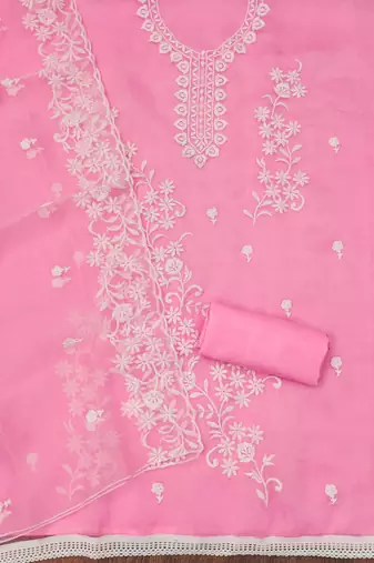 Pink Organza Embroidered Unstitched Dress Material
