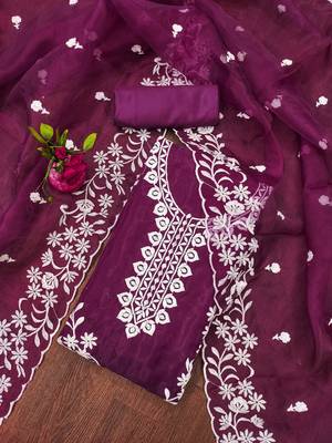 Purple Organza Embroidered Unstitched Dress Material 1