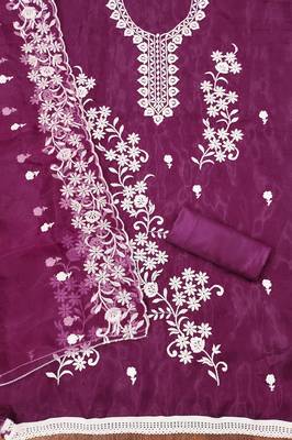 Purple Organza Embroidered Unstitched Dress Material 2