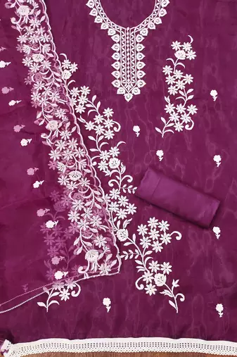 Purple Organza Embroidered Unstitched Dress Material