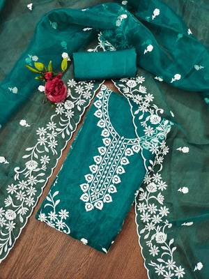 Teal Organza Embroidered Unstitched Dress Material 1