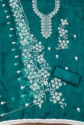 Teal Organza Embroidered Unstitched Dress Material 2