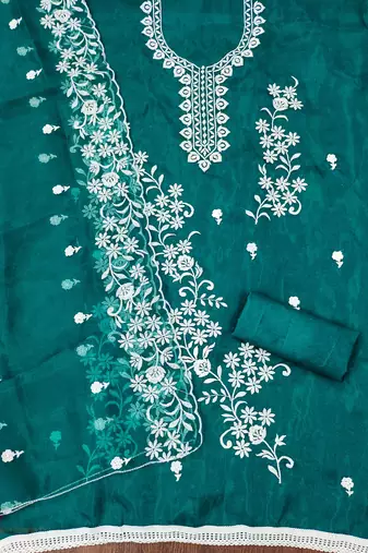 Teal Organza Embroidered Unstitched Dress Material