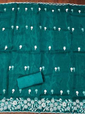 Teal Organza Embroidered Unstitched Dress Material 3