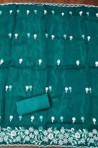 Teal Organza Embroidered Unstitched Dress Material