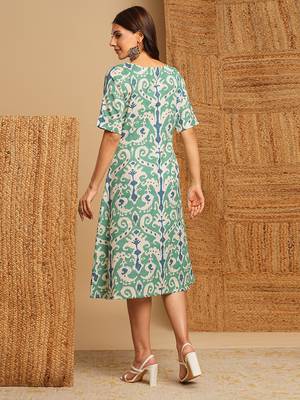 A-line cotton ikat dress with front placket and buttons on front. 2