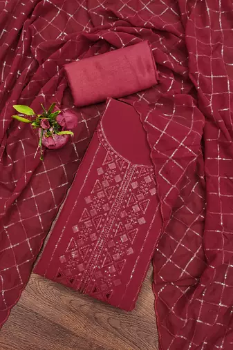 Maroon Georgette Sequinned Unstitched Dress Material